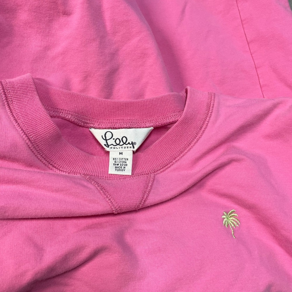 Lilly Pulitzer Pink Palm Tree Sweatshirt Womens Size M Crewneck Pullover Pockets - Picture 2 of 7